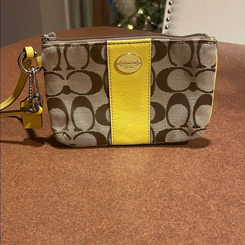Coach Signature Brown and Yellow Wristlet